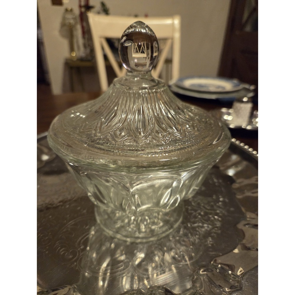 Vintage Pressed Glass Clear Lidded Candy Dish Trinket Dish Ribbed MCM 6.5"